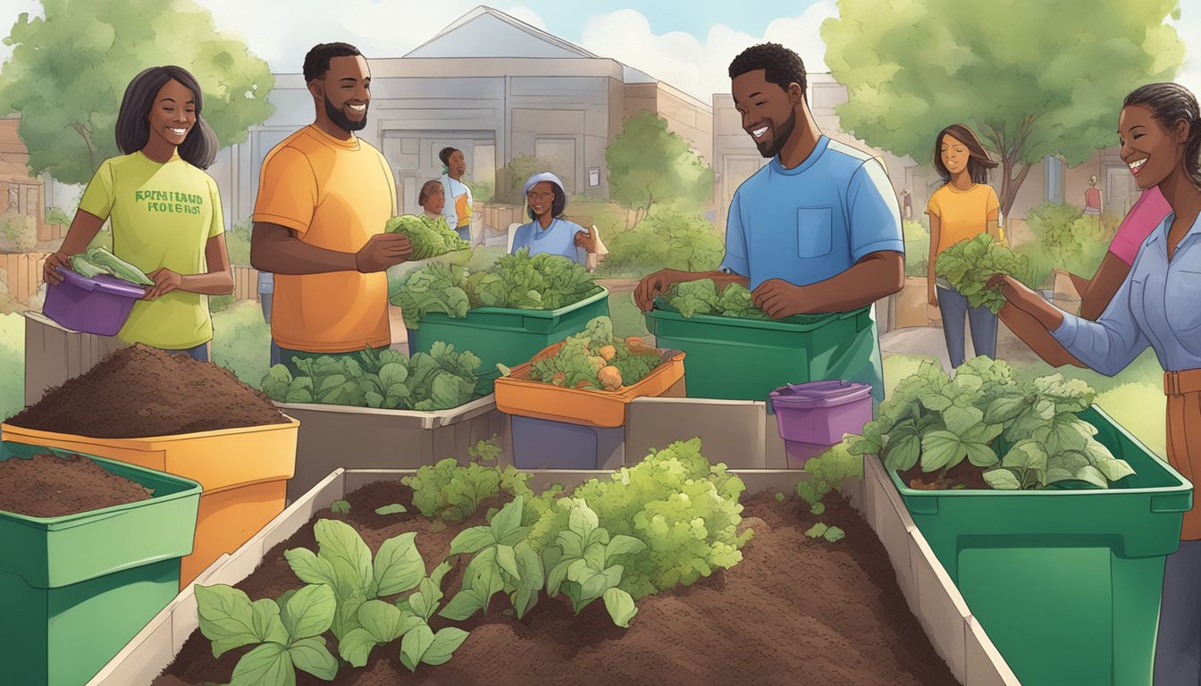 A diverse group of people in Birmingham, AL work together to compost, surrounded by community gardens and recycling bins