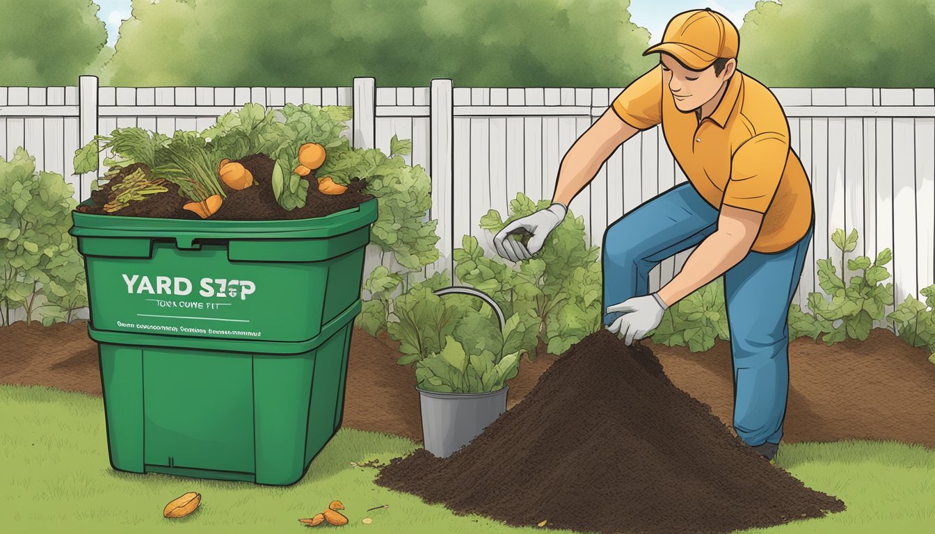 A person placing food scraps and yard waste into a compost bin in their backyard, following the composting regulations in Birmingham, AL