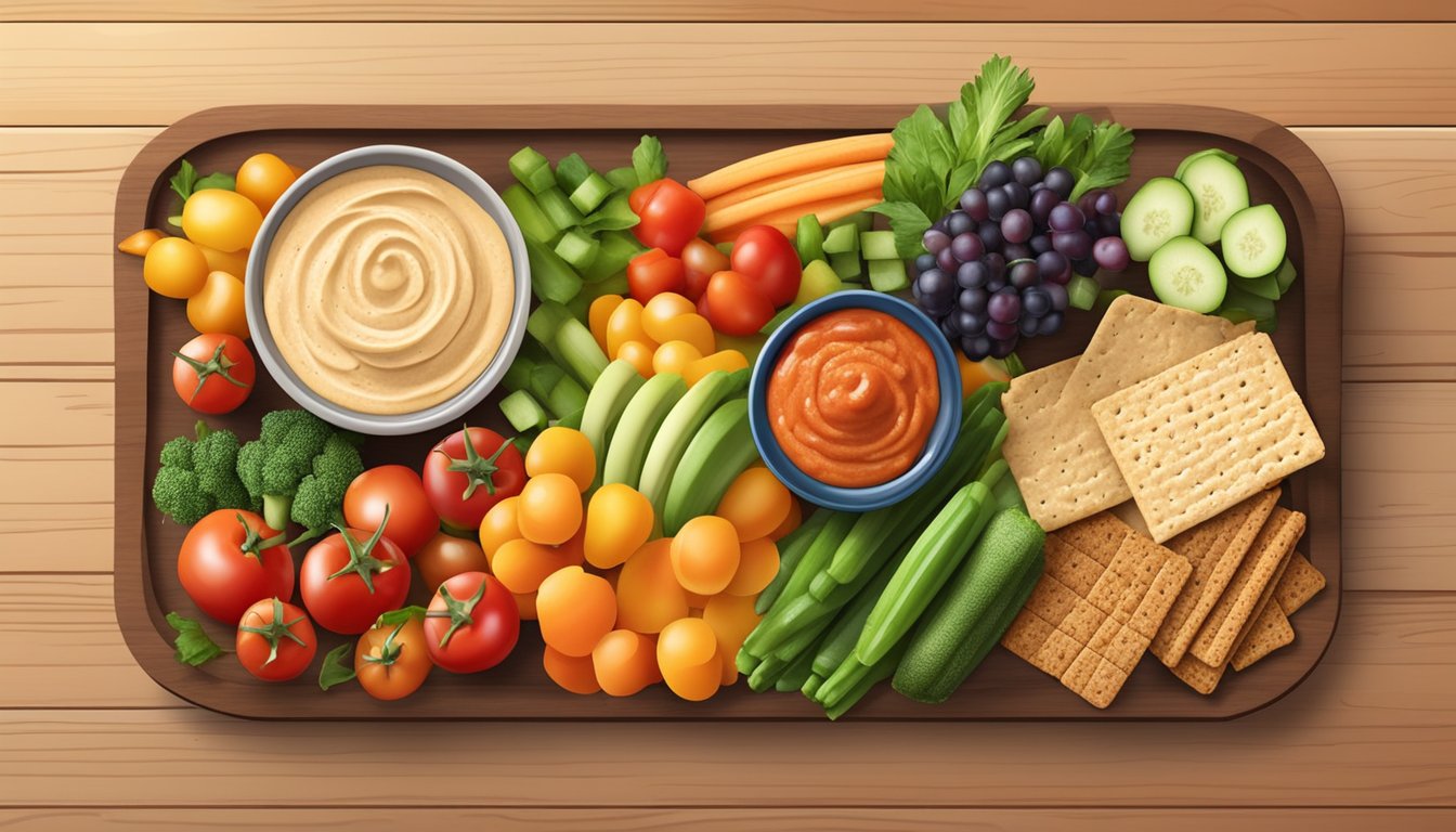 A colorful spread of fresh vegetables, fruits, and whole grain crackers arranged on a wooden platter, with small dishes of hummus and salsa on the side