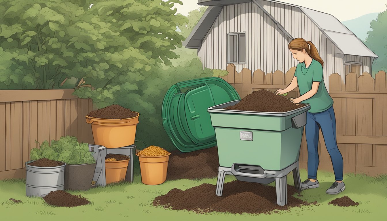 A person adding food scraps to a backyard compost bin, with a tumbler and worm composting setup nearby