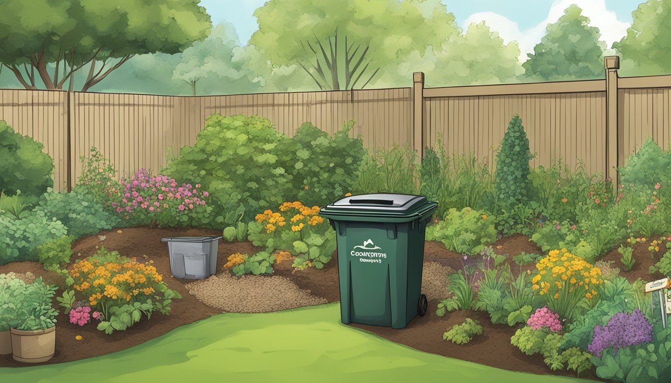 A lush backyard garden with a compost bin surrounded by various organic materials and a small sign indicating "Benefits of Composting in Montgomery"