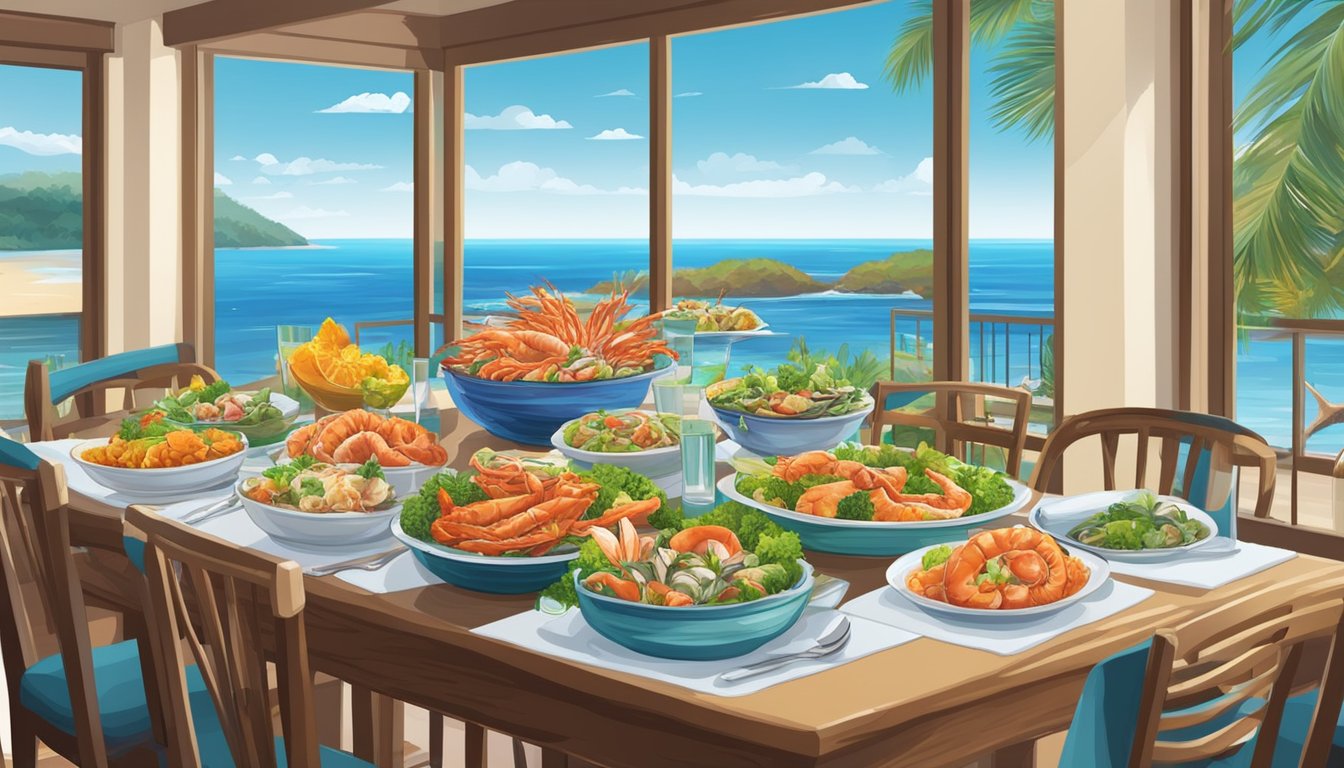 A table set with a variety of fresh seafood dishes, surrounded by vibrant, colorful decor and a view of the ocean through large windows