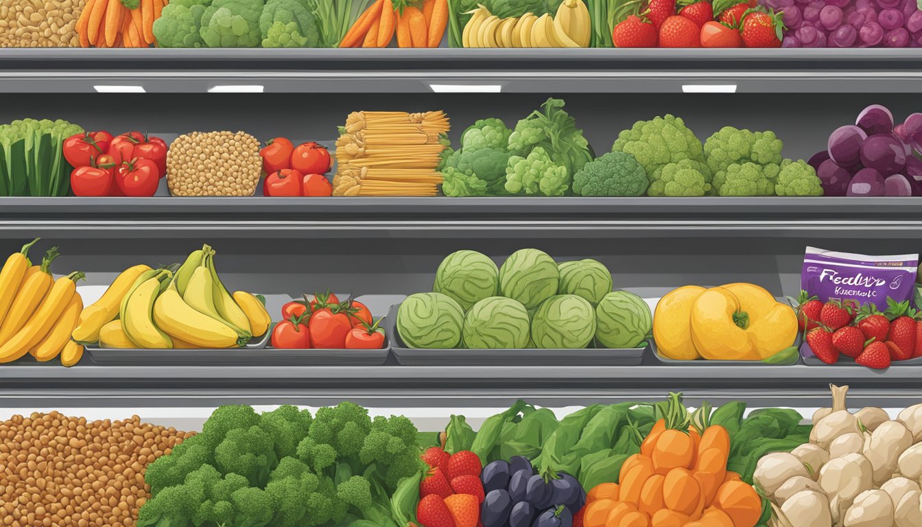 A colorful array of fruits, vegetables, whole grains, and lean proteins displayed on shelves at Freddy's, with vibrant signage promoting healthy options