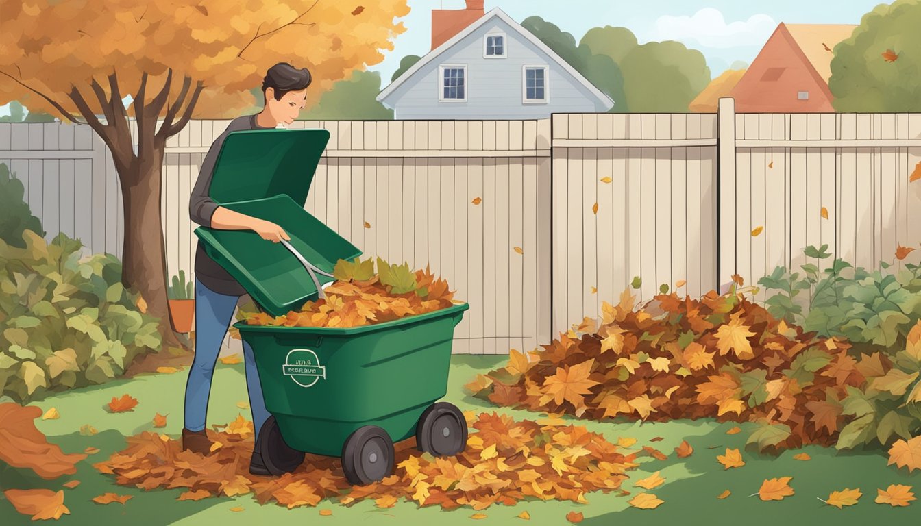 A person adding food scraps to a compost bin in a backyard garden. Fallen leaves and twigs surround the bin, and a shovel leans against the nearby fence