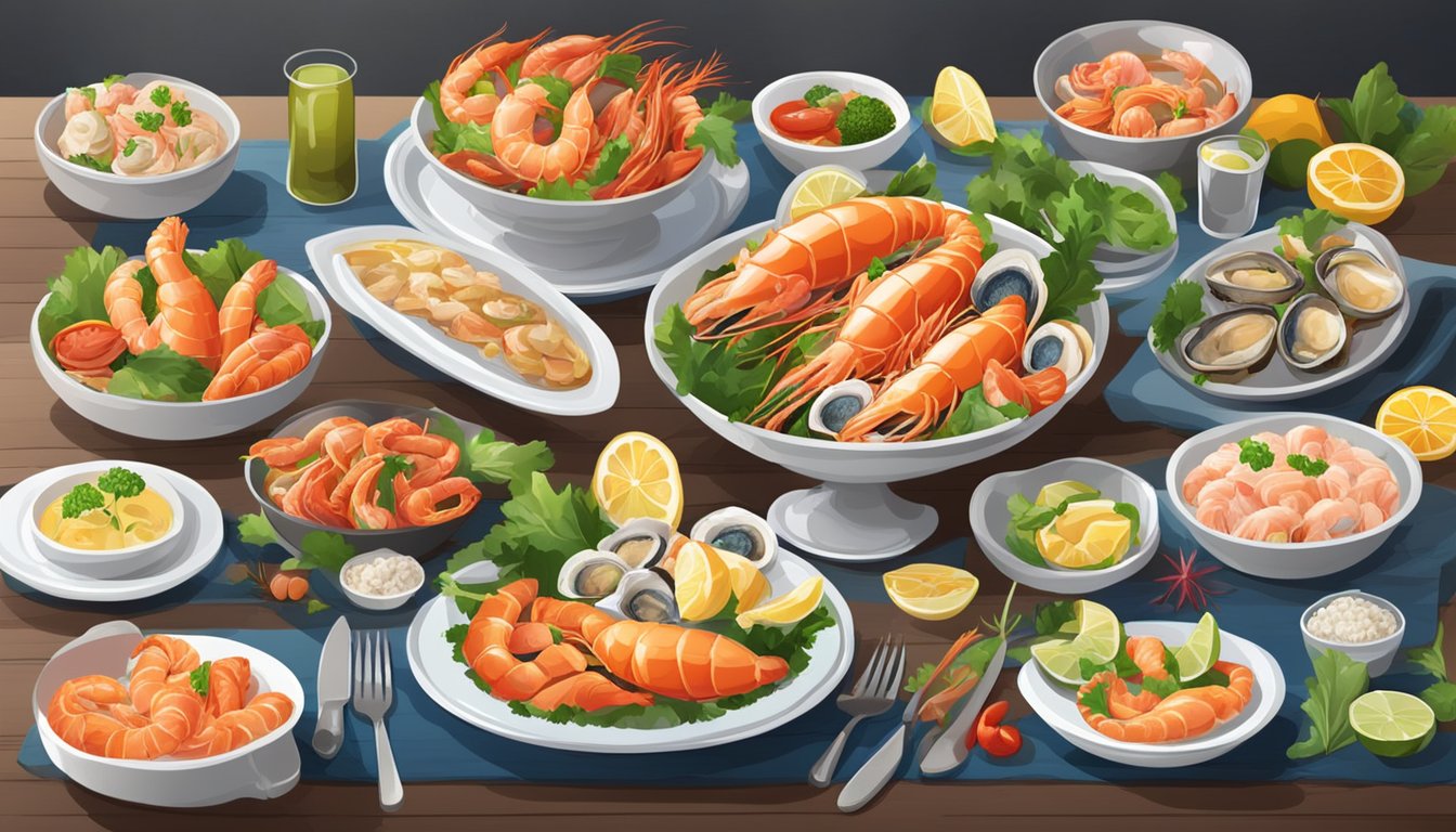 A variety of seafood dishes arranged on a table with colorful and fresh ingredients, including fish, shrimp, and oysters