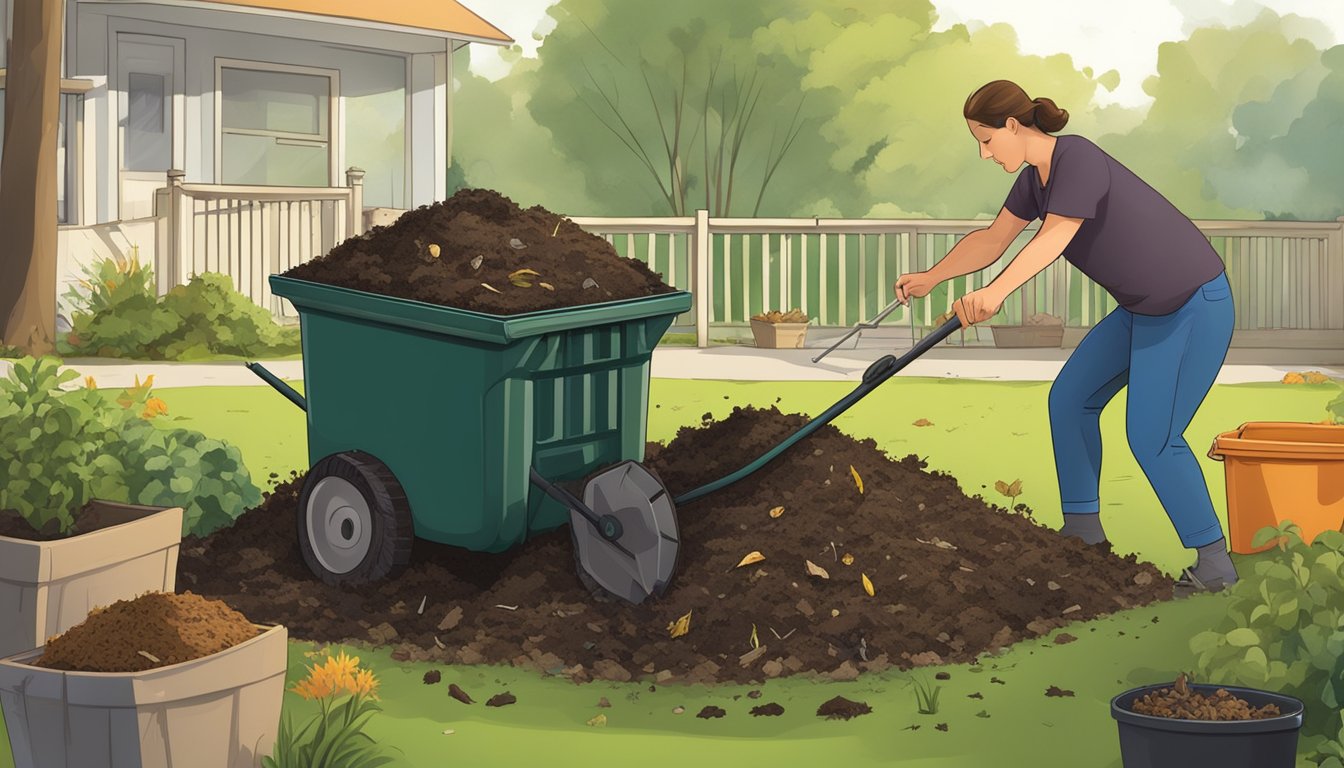 A person turning a compost pile in a backyard with a pitchfork, surrounded by various organic waste materials and a compost bin