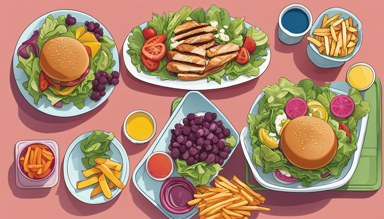 A colorful tray of fresh salad, grilled chicken, and fruit sits next to a juicy burger and crispy fries at Freddy's, showcasing the healthy customization options available