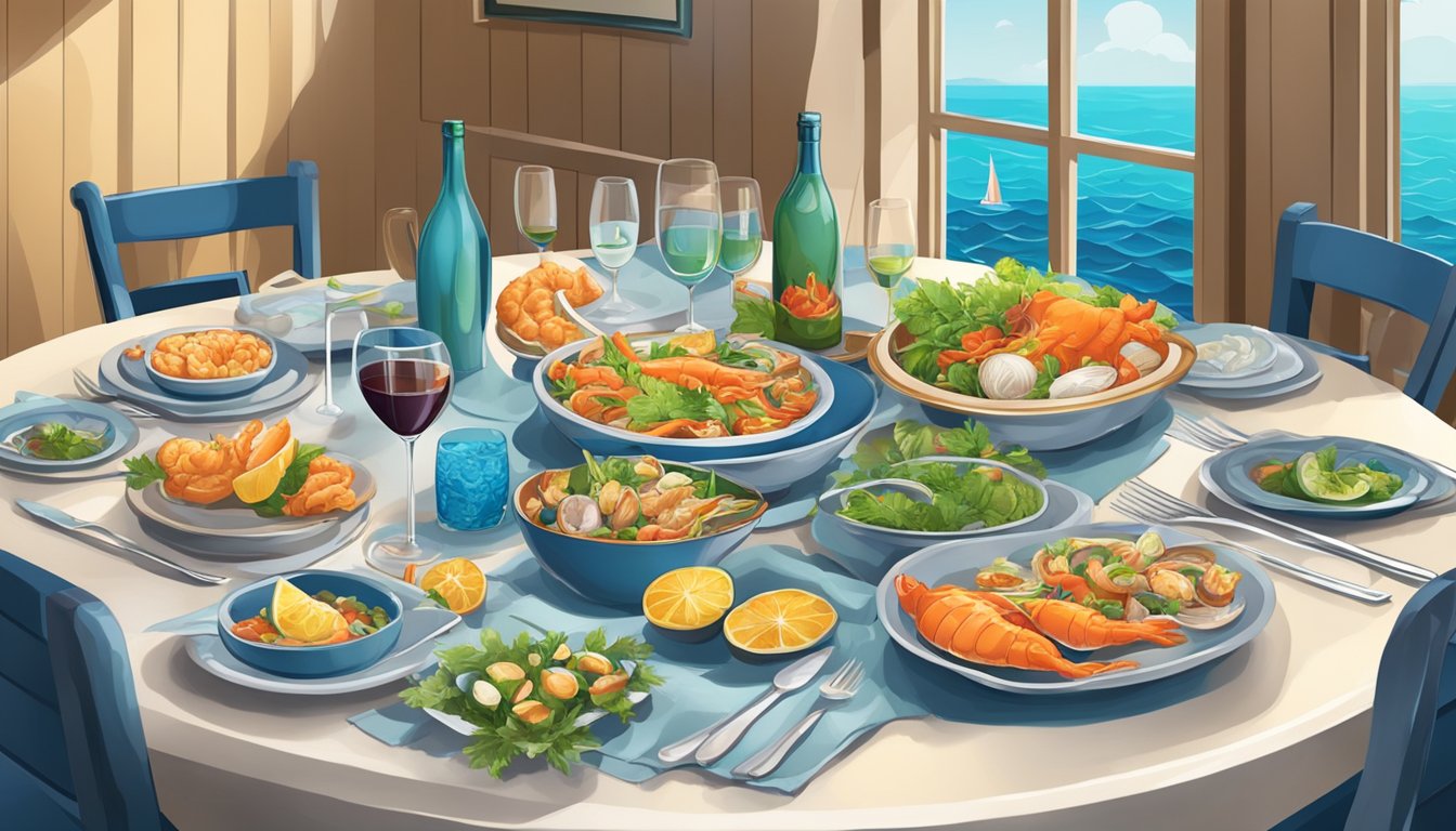 A table set with vibrant, fresh non-seafood dishes surrounded by nautical decor in a seafood restaurant