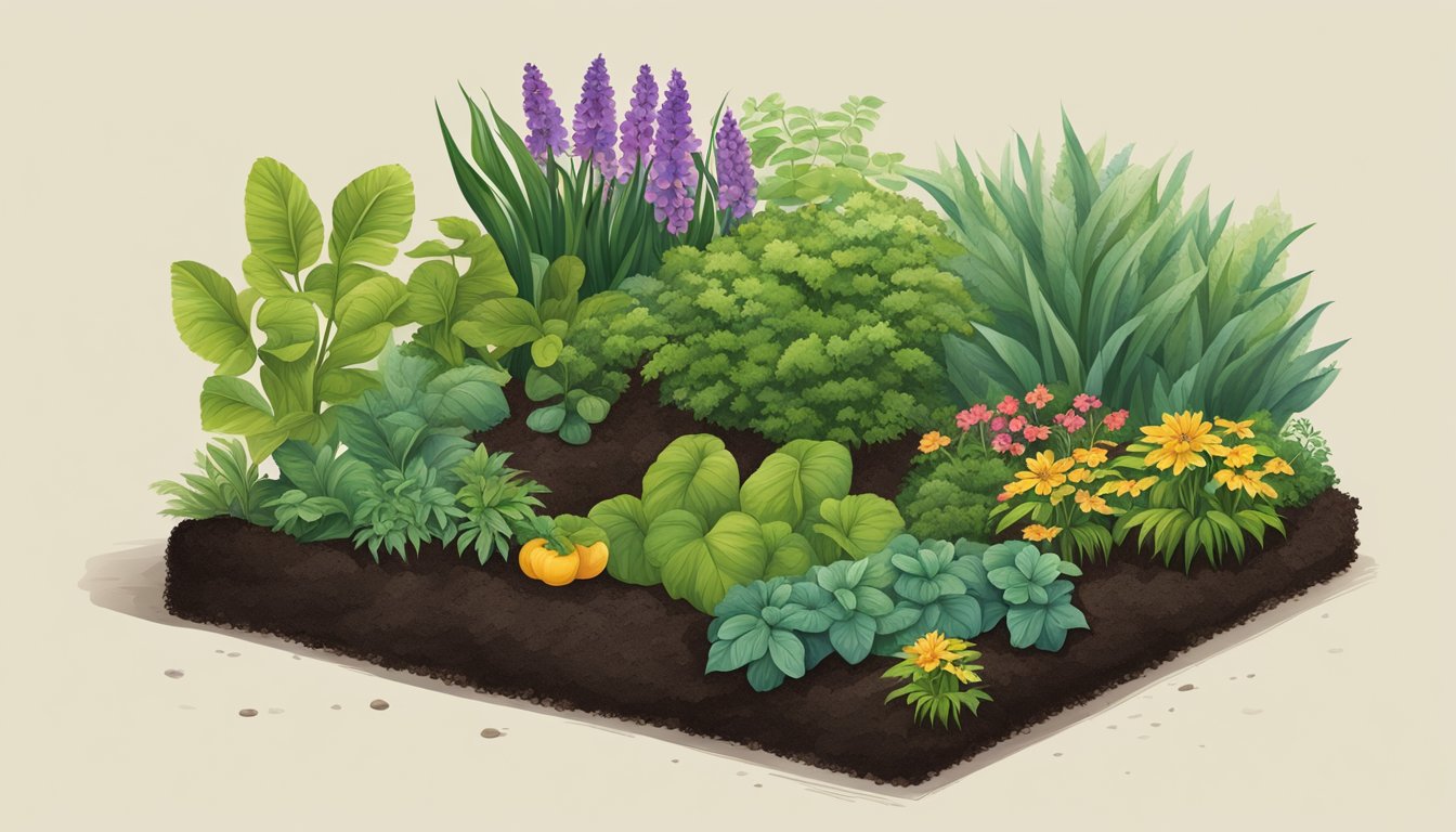 A lush garden with healthy, vibrant plants surrounded by a compost bin and rich, dark soil