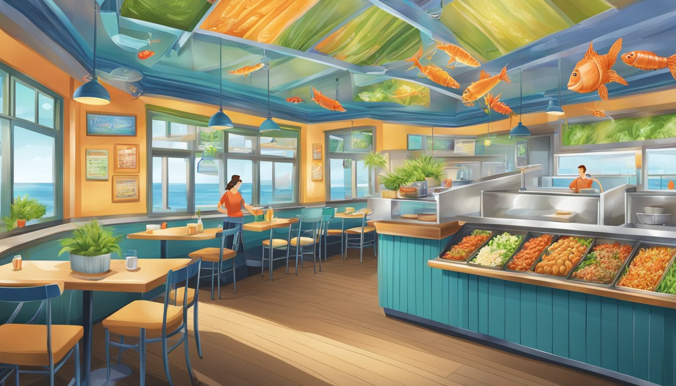 A vibrant seafood restaurant with a variety of fresh, colorful and nutritious dishes displayed on a menu board. The interior is bright and inviting, with a focus on health and wellness