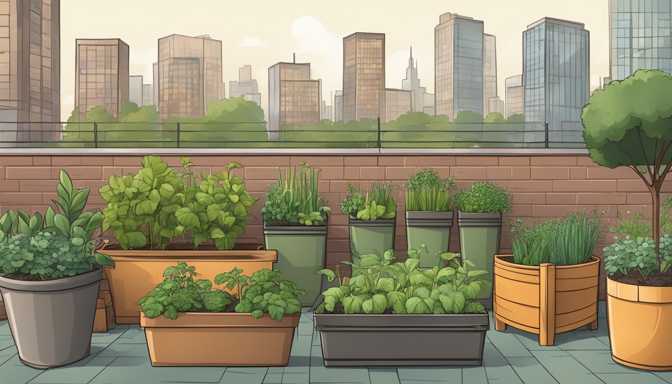 A small urban garden with compost bins, potted plants, and a city skyline in the background