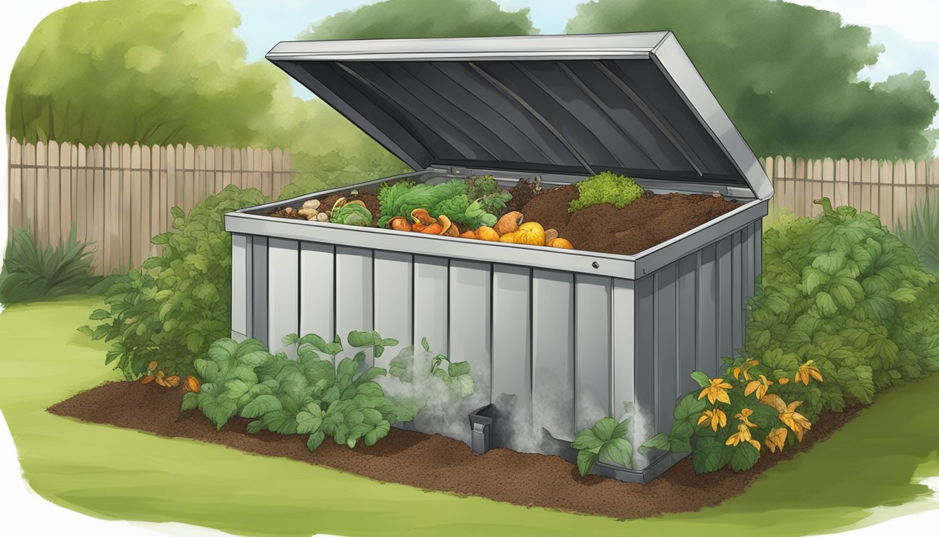 A backyard compost bin in Montgomery, AL, surrounded by greenery and filled with layers of food scraps and yard waste, with steam rising from the decomposing matter