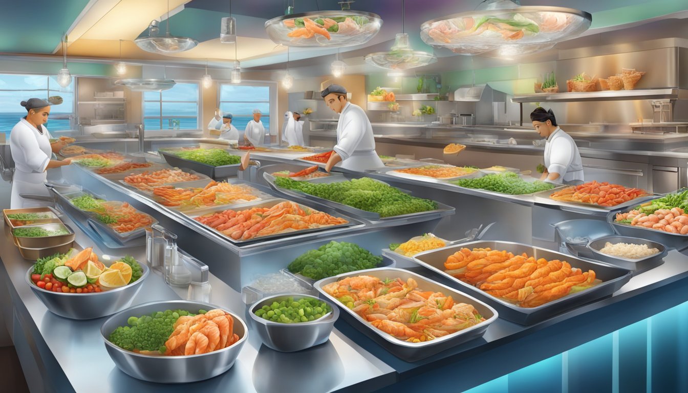 A vibrant seafood restaurant with fresh fish displayed on ice, colorful vegetable dishes, and a variety of healthy cooking options