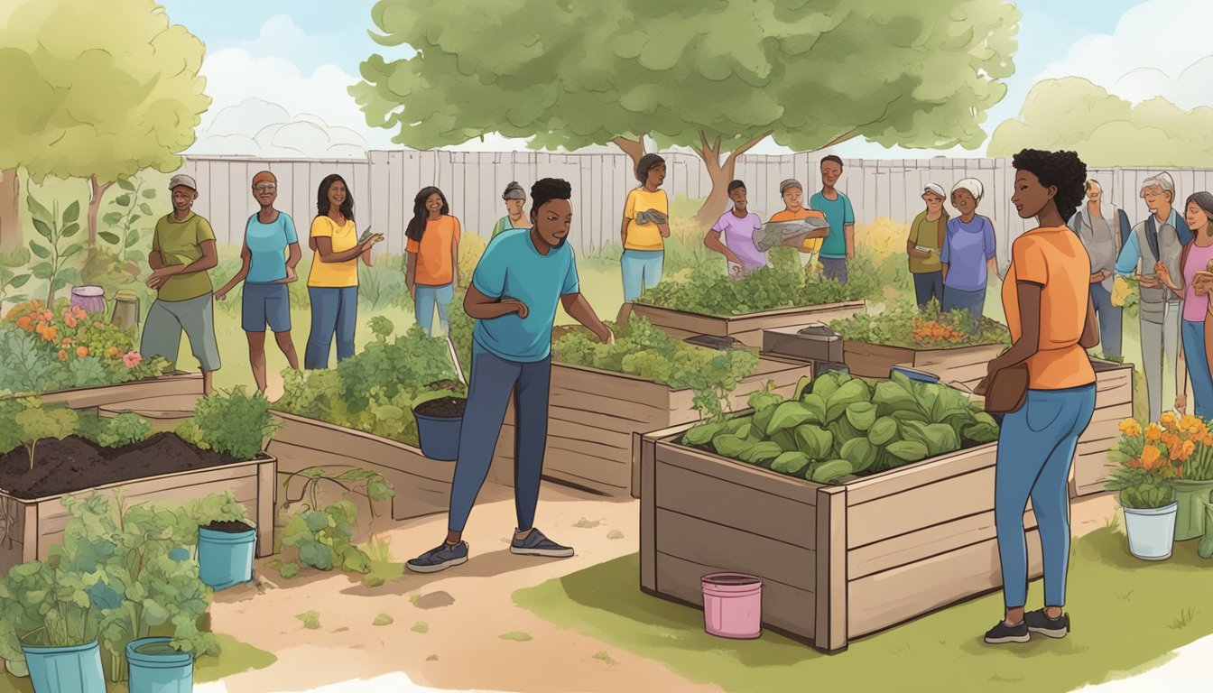 A diverse group of people gather in a community garden, learning about composting from an enthusiastic educator. Raised garden beds and compost bins line the background