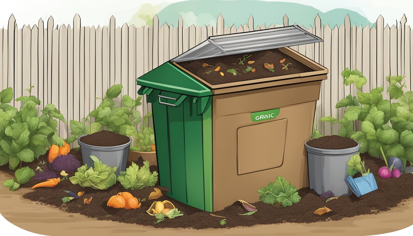 A backyard compost bin surrounded by various types of organic waste, with a clear instruction guide on how to properly compost in Mobile, AL