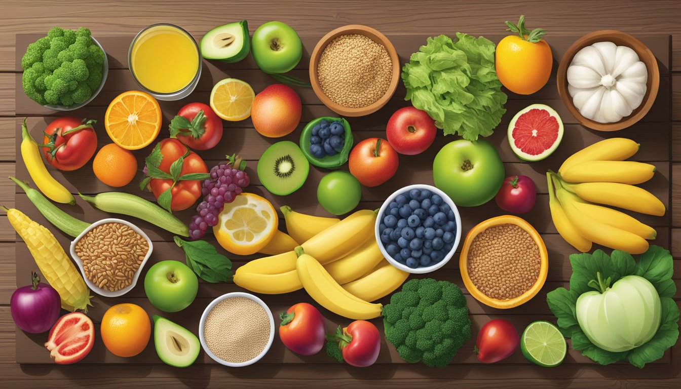 A colorful array of fresh fruits, vegetables, and whole grains displayed on a wooden table at Freddy's, with vibrant signage promoting healthy options