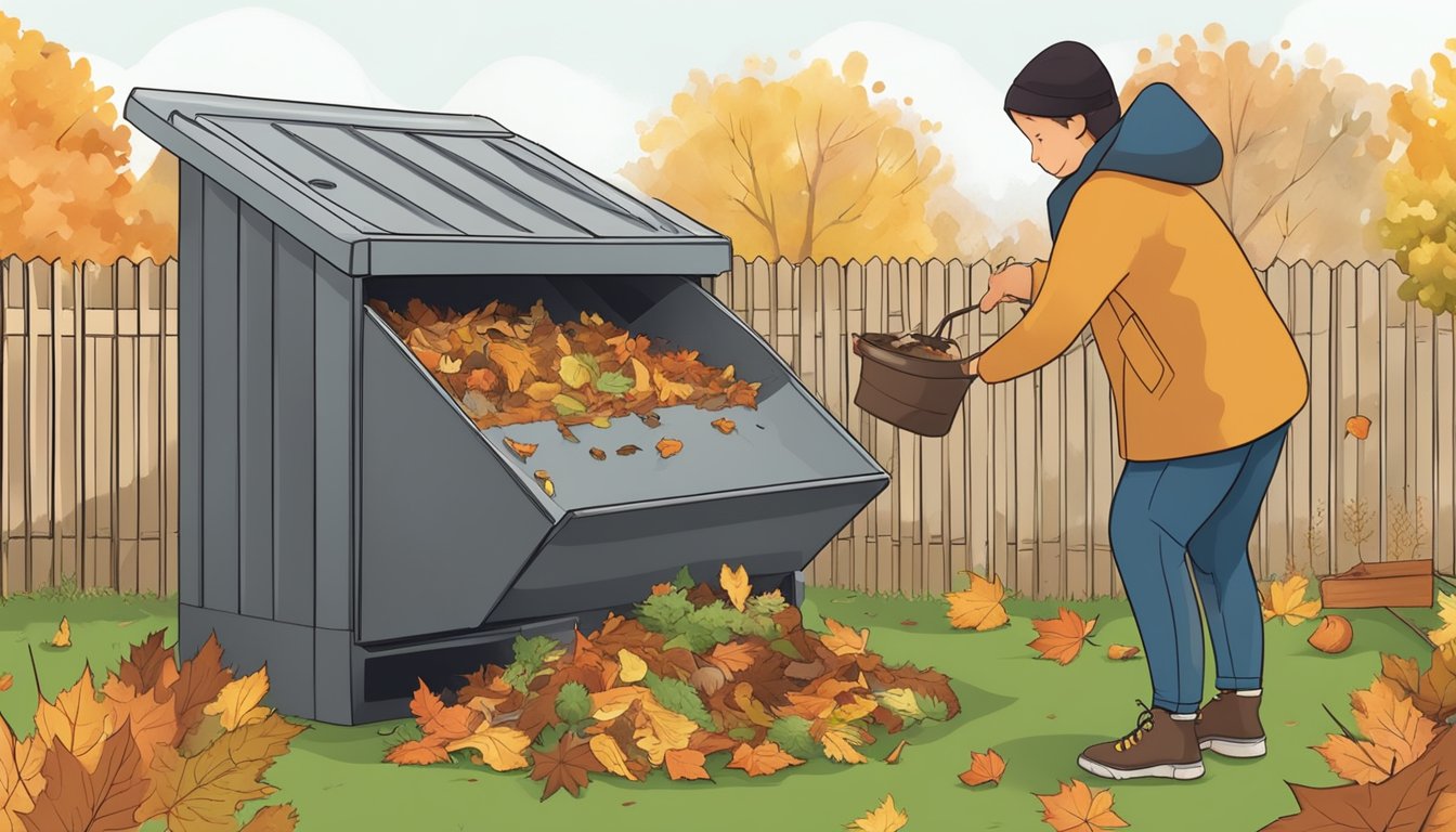 A person adding food scraps to a compost bin in a backyard garden. Fallen leaves and twigs surround the bin. A sign with composting guidelines is posted nearby