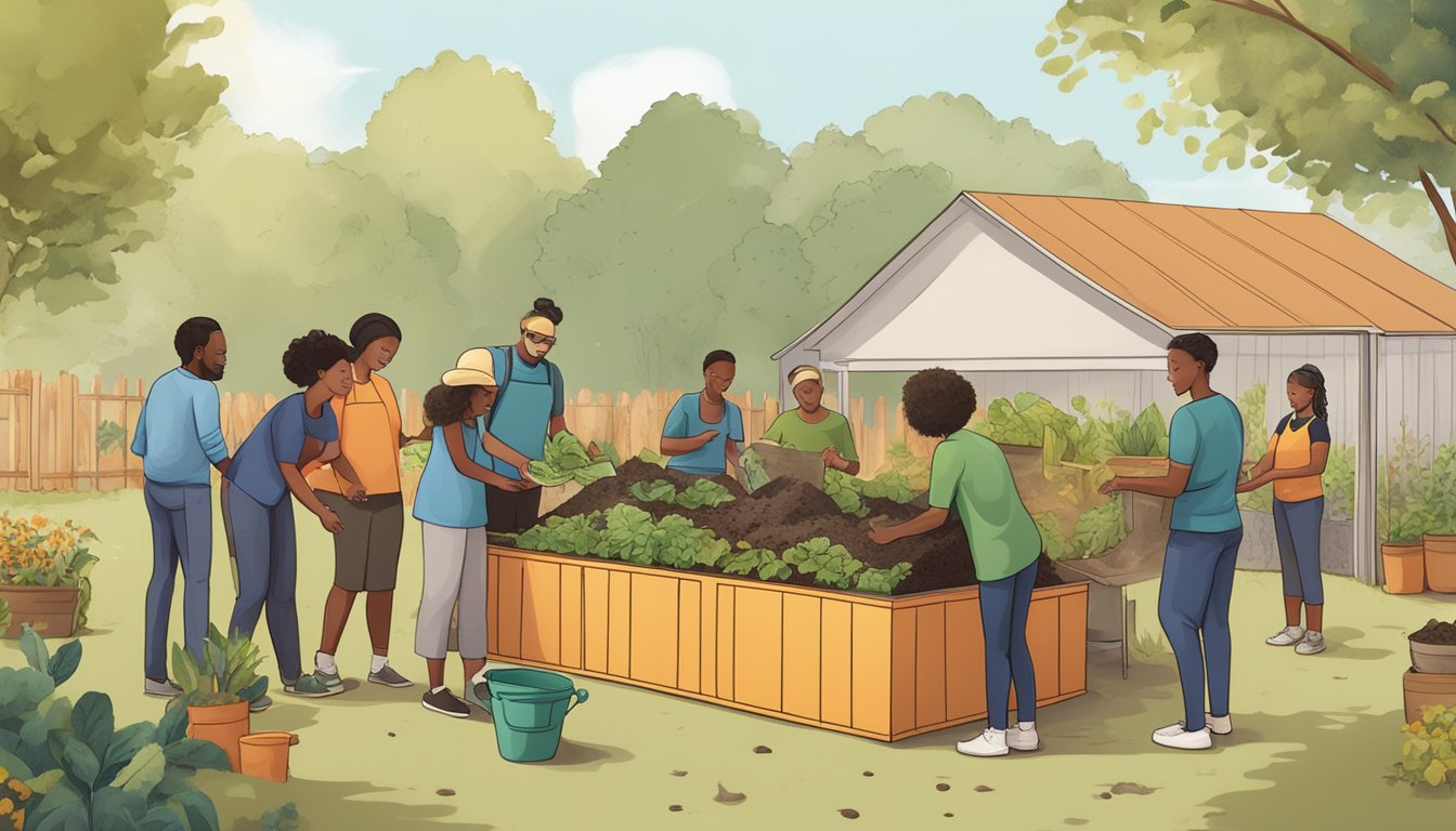 A diverse group of people gather around a composting station in a community garden, exchanging tips and resources while tending to their compost piles