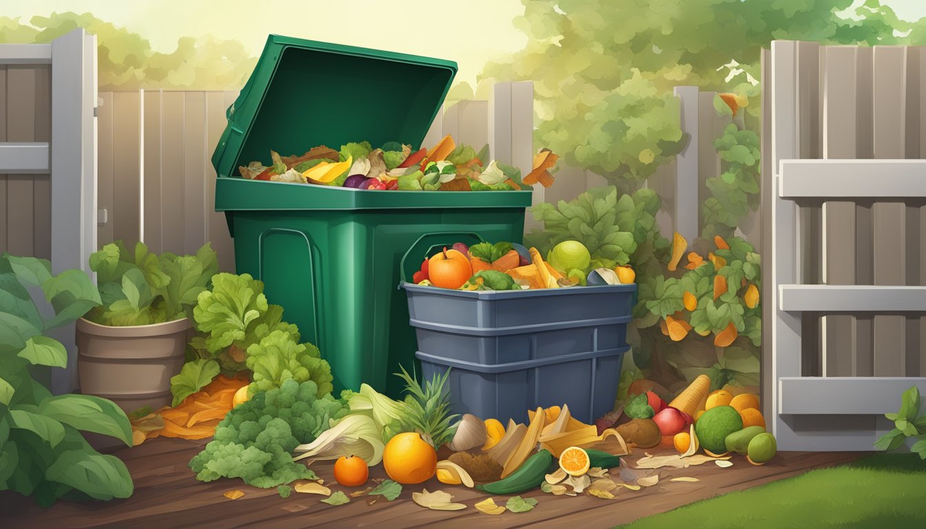 A backyard compost bin surrounded by a variety of organic waste, including fruit peels, vegetable scraps, and garden clippings