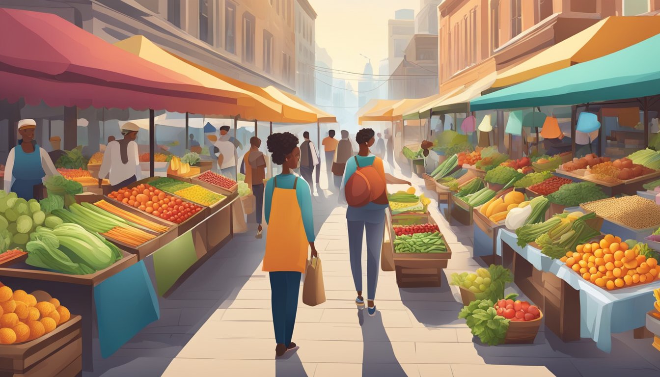 A bustling food market with colorful stalls offering fresh fruits, vegetables, and whole grains. A variety of healthy options are displayed, from vibrant salads to nourishing smoothies