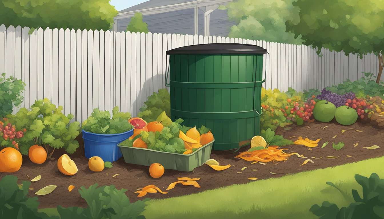 A backyard in Little Rock, AR with a compost bin surrounded by a variety of organic waste such as fruit peels, vegetable scraps, and yard clippings