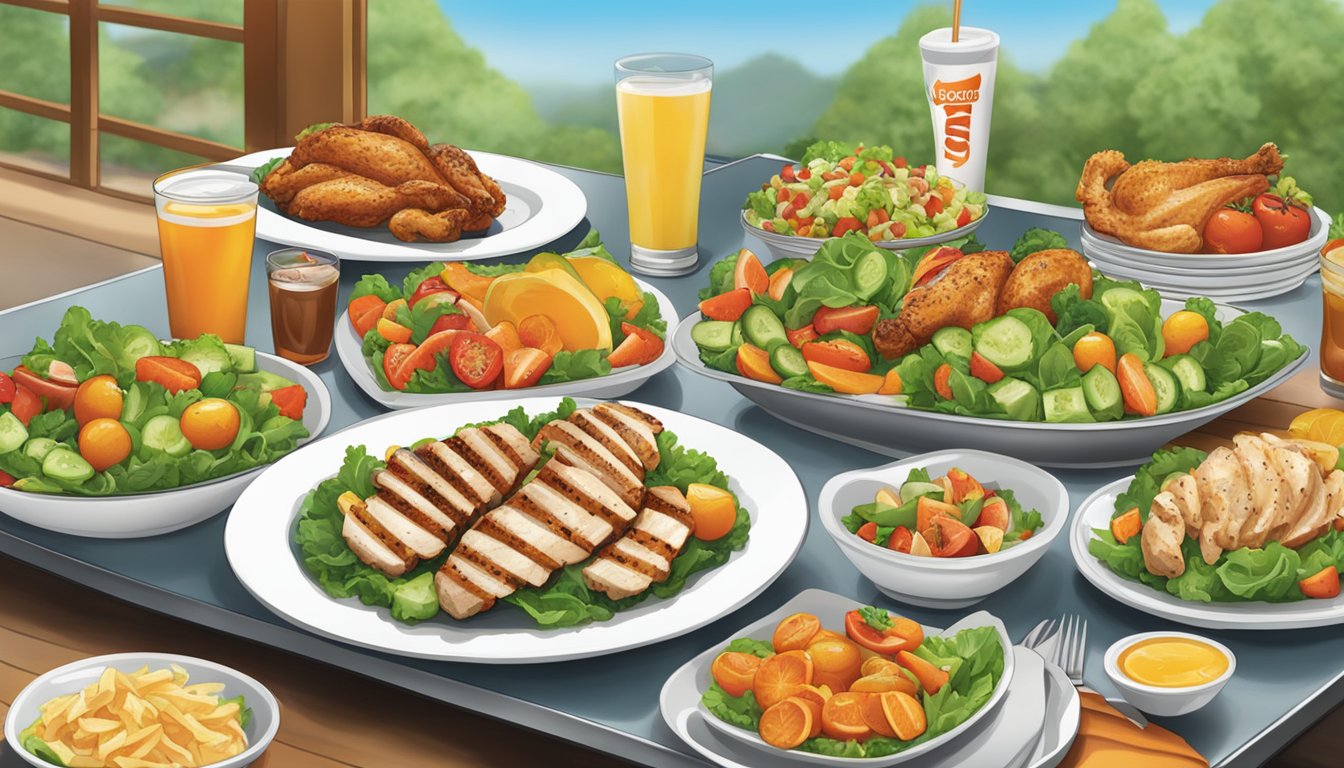 A table set with fresh salads, grilled chicken, and fruit platters at a Hooters restaurant