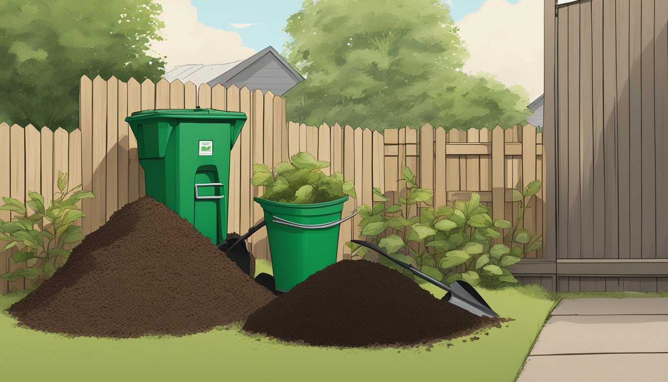 A backyard in Little Rock, AR with a compost bin, green and brown waste piles, a shovel, and a gardening fork