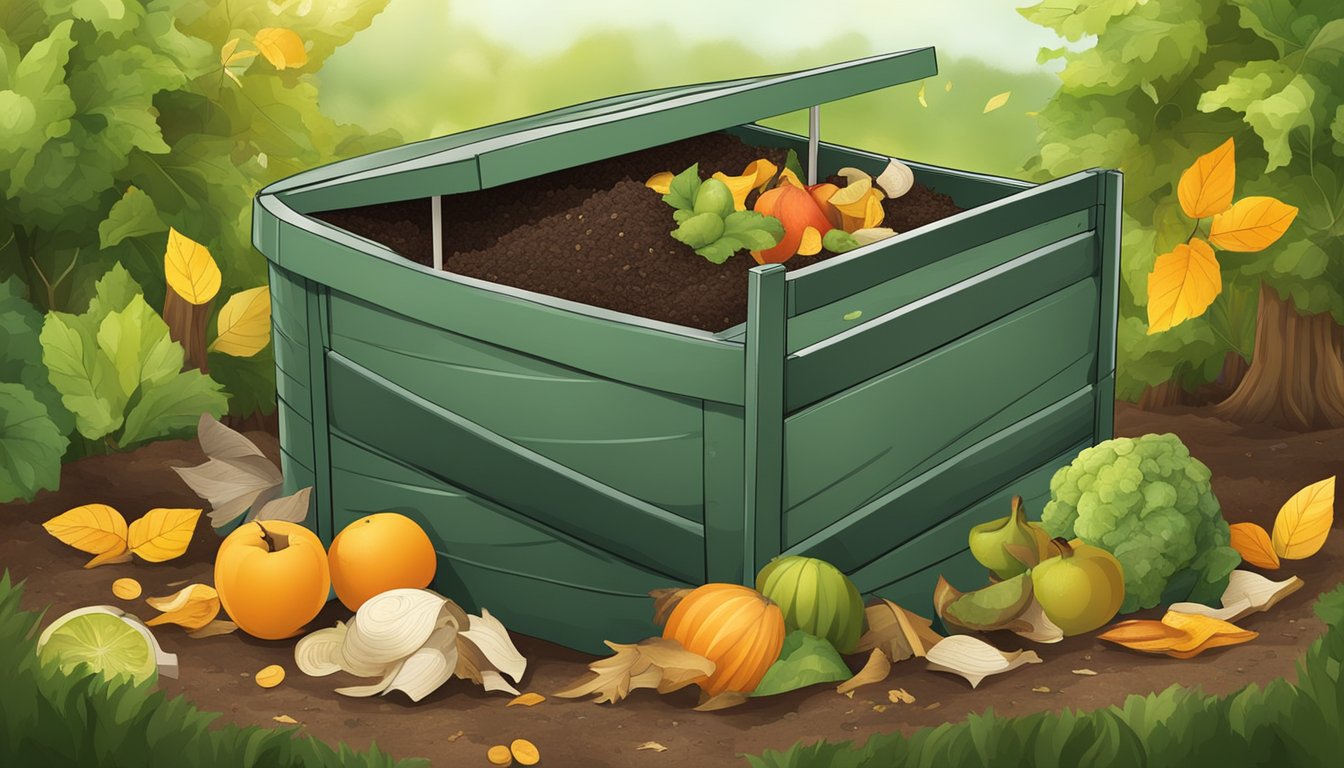 A backyard compost bin surrounded by a variety of organic waste materials, including fruit peels, vegetable scraps, and dry leaves