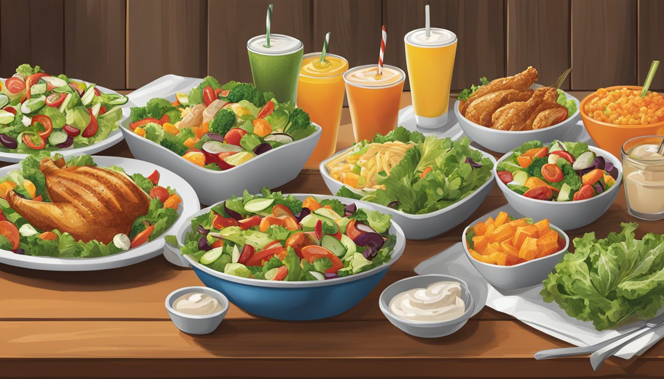 A table with a variety of healthy food options, such as salads, grilled chicken, and vegetable sides, displayed at a Hooters restaurant