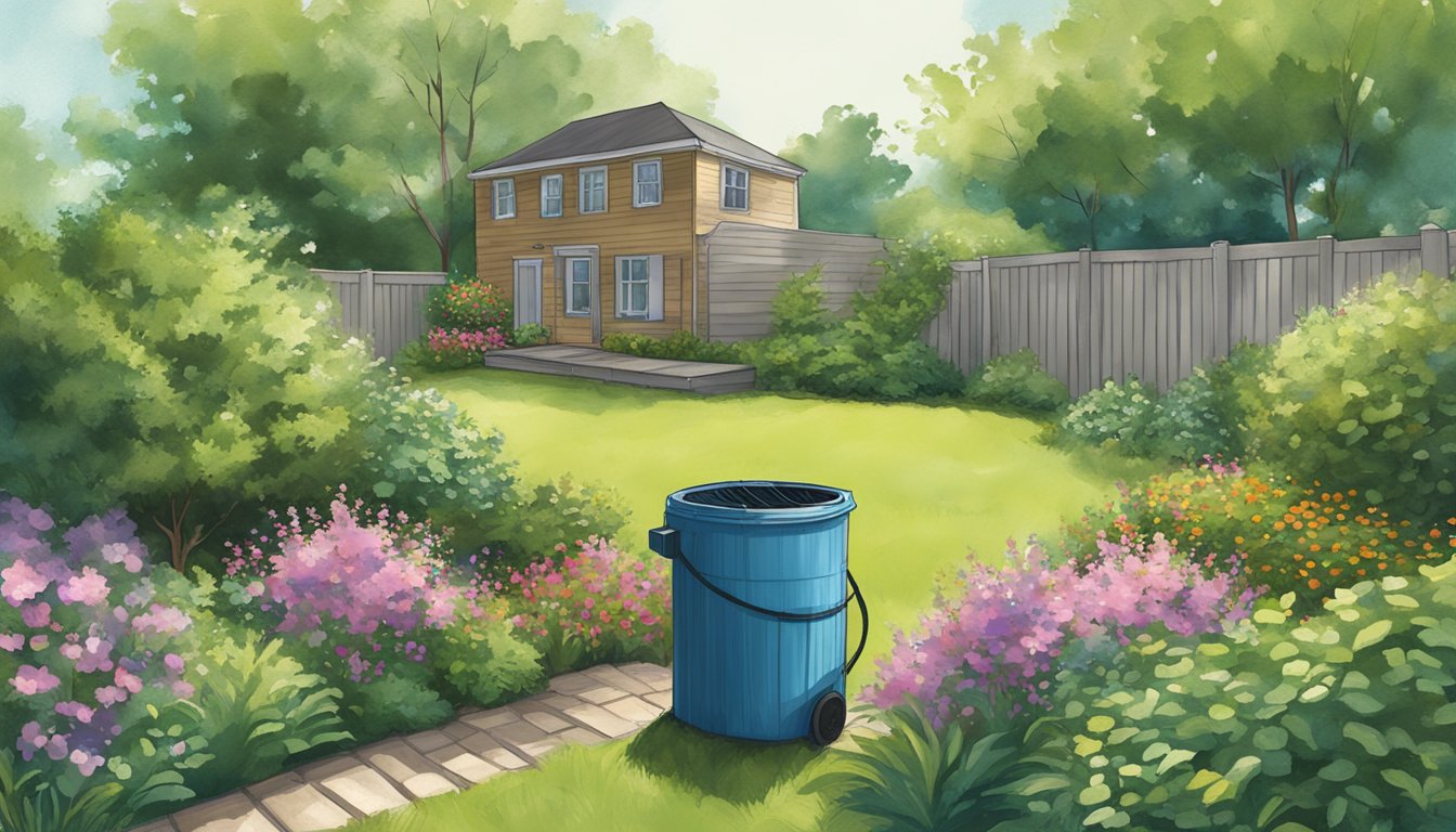 A backyard in Little Rock, AR with a compost bin, surrounded by greenery and a clear blue sky