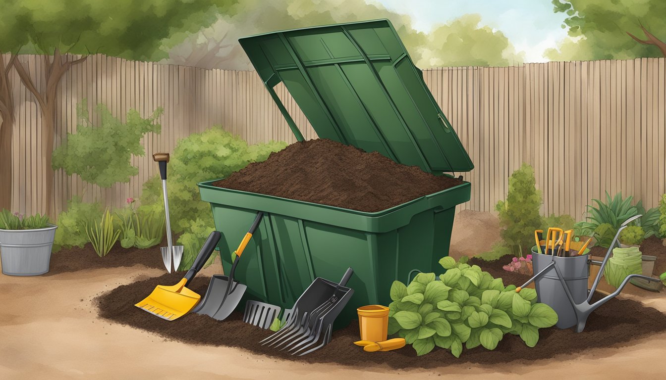 A backyard compost pile in Chandler, AZ, with a mix of green and brown organic materials layered in a bin, surrounded by a shovel and gardening tools