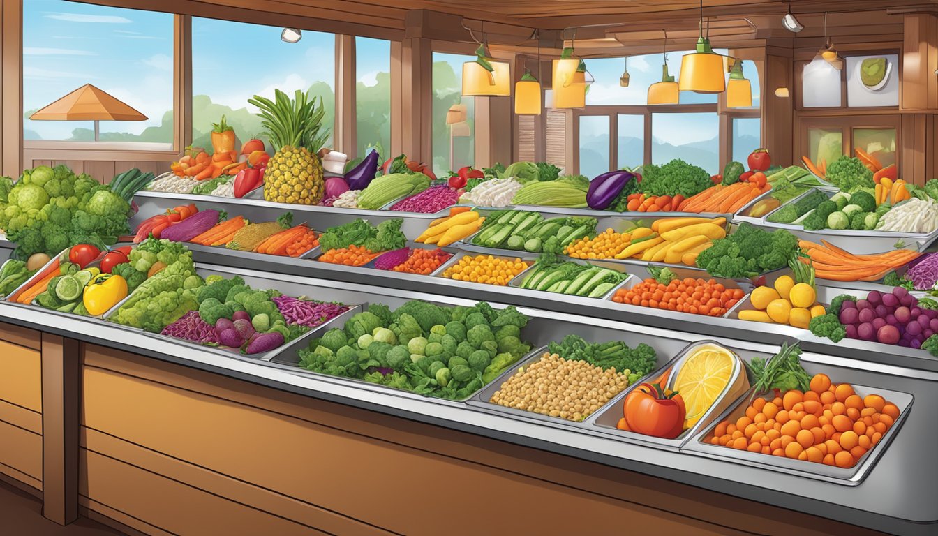 A colorful array of fresh vegetables, fruits, and lean proteins arranged in a vibrant salad bar setting at Hooters