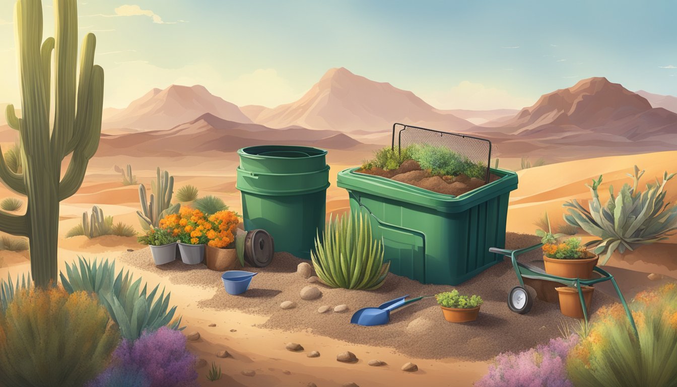 A desert landscape with a compost bin, gardening tools, and a variety of organic materials being mixed together