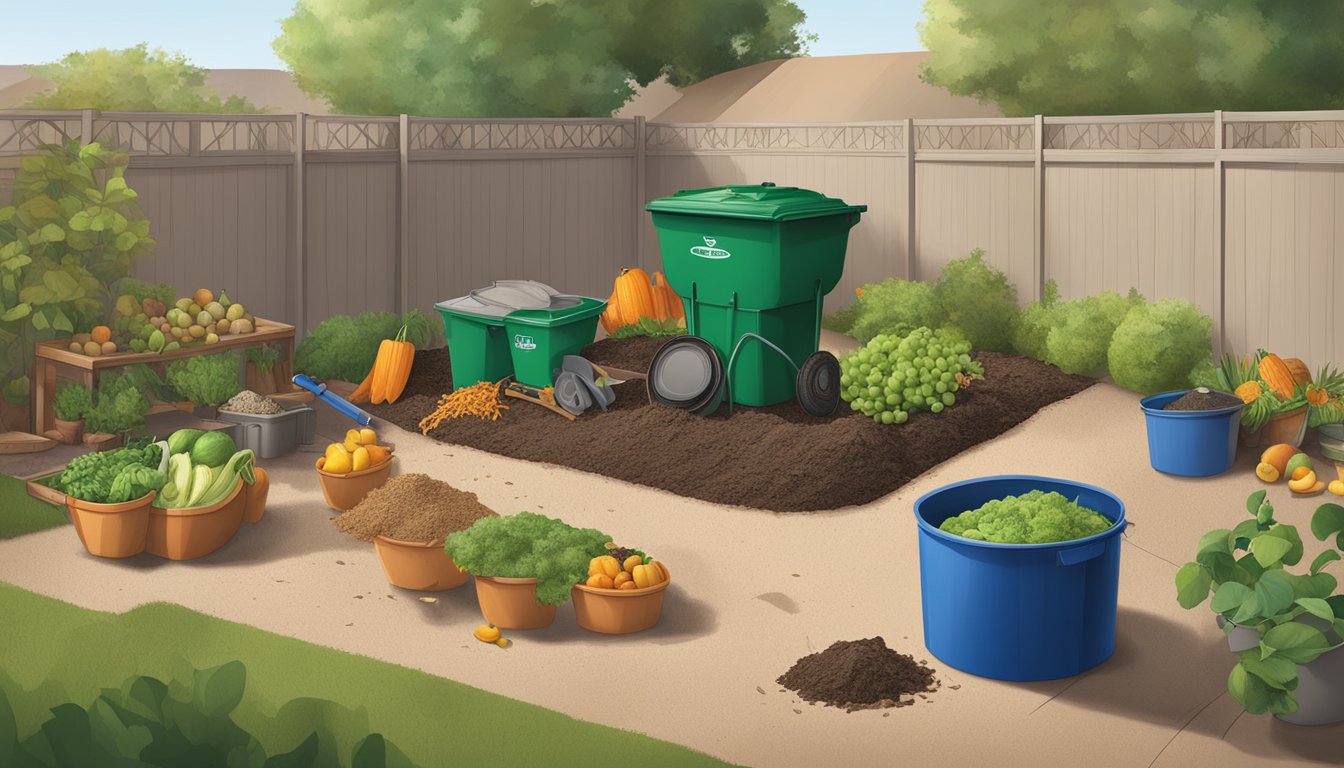 A backyard in Buckeye, AZ with a compost bin, shovel, and a variety of organic waste materials such as fruit peels, vegetable scraps, and yard clippings