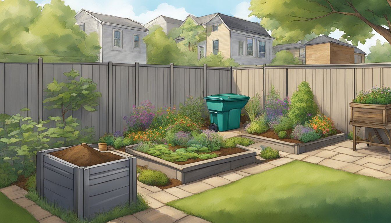 A backyard in Little Rock with a compost bin surrounded by a mix of urban and natural elements, such as buildings, trees, and a small garden