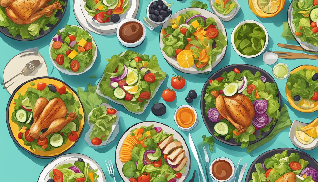 A colorful array of fresh salads, grilled chicken, and vegetable platters on a vibrant table setting