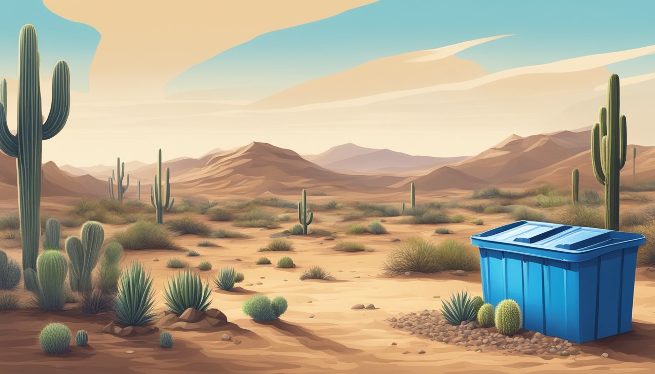 A desert landscape with a composting bin surrounded by dry soil, cacti, and a bright blue sky