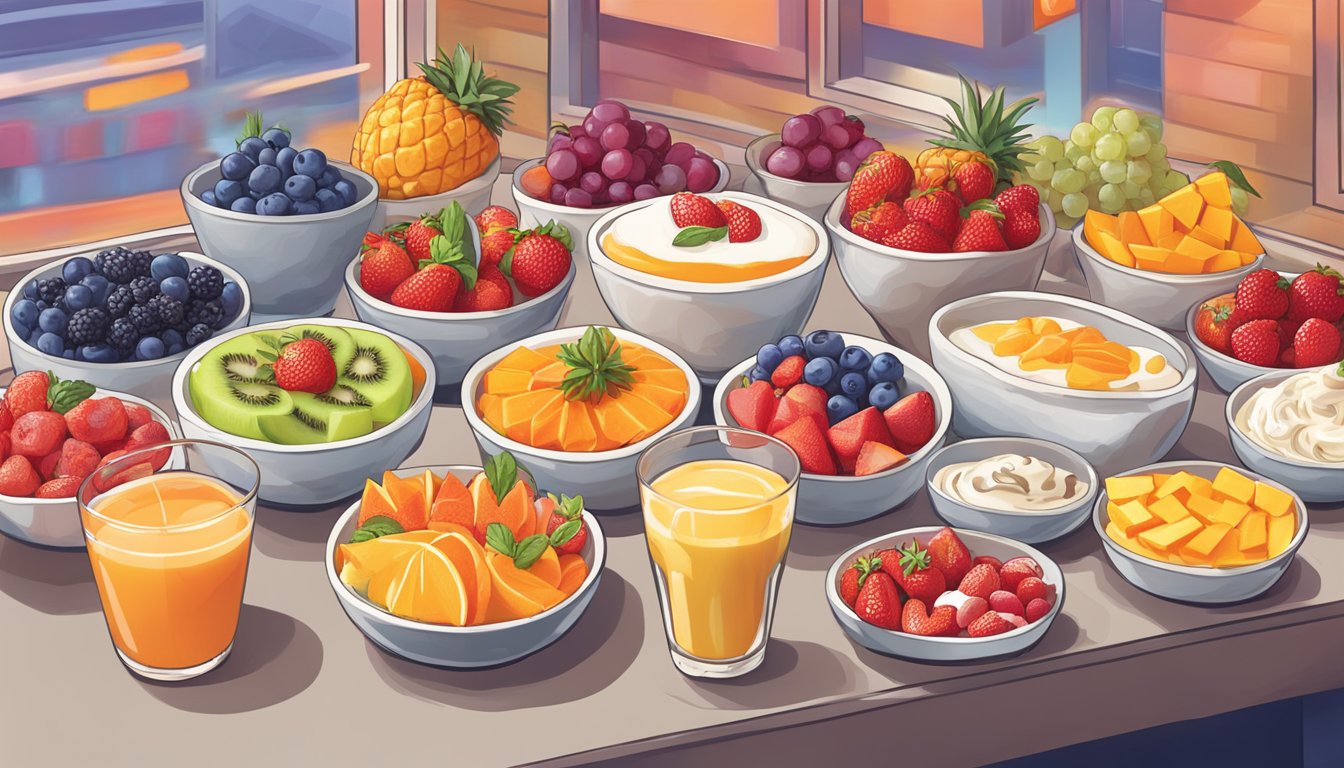 A colorful array of fresh fruit and yogurt parfaits, smoothie bowls, and decadent yet nutritious desserts displayed on a vibrant counter at Hooters