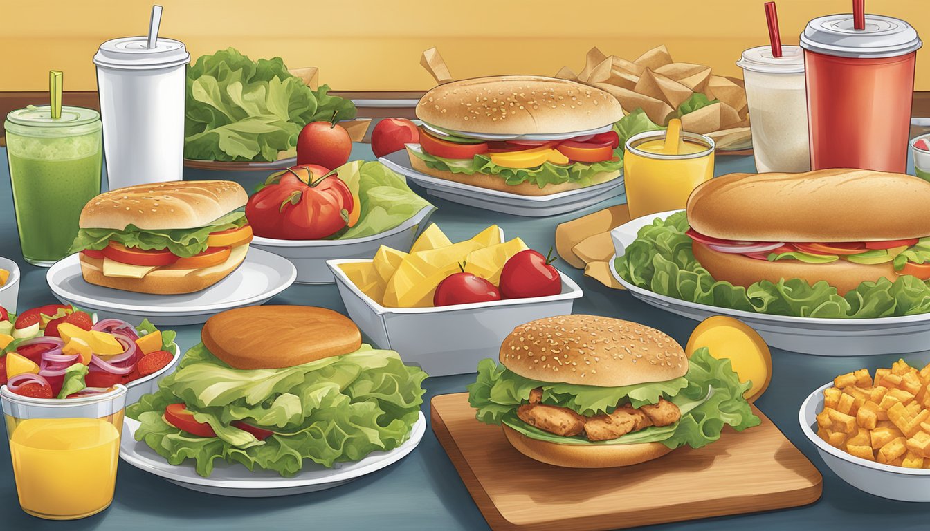 A colorful array of fresh salads, grilled chicken sandwiches, and fruit cups displayed alongside classic fast food items at Wendy's