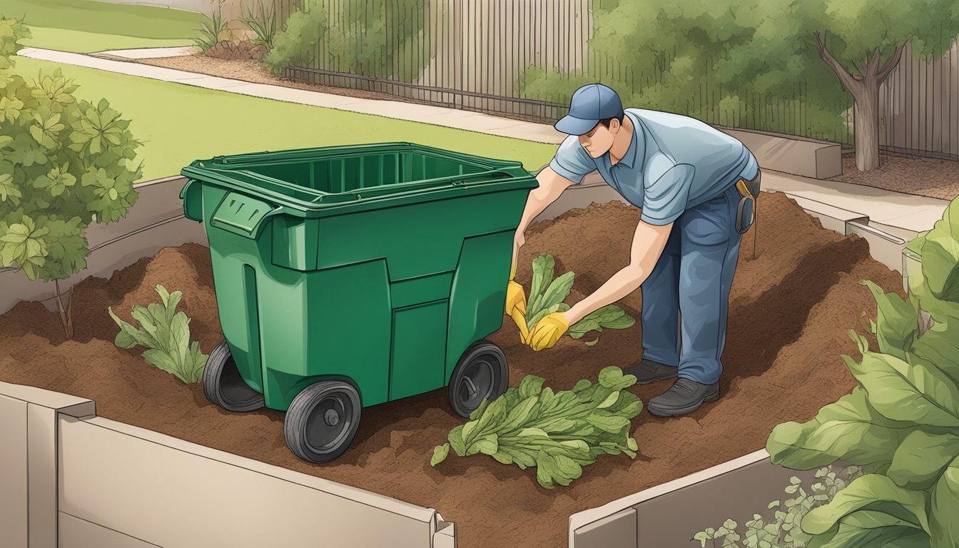 A person placing food scraps and yard waste into a designated composting bin in a backyard garden in Chandler, AZ