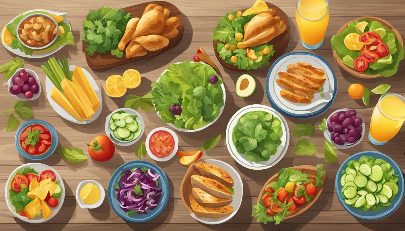 A table with a variety of fresh, colorful, and nutritious food items, such as salads, grilled chicken, and fruit, displayed in an inviting manner