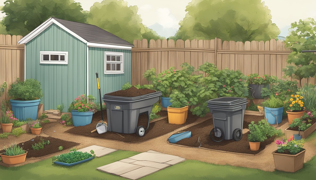 A backyard in Little Rock, AR with a compost bin, gardening tools, and various organic materials being mixed together