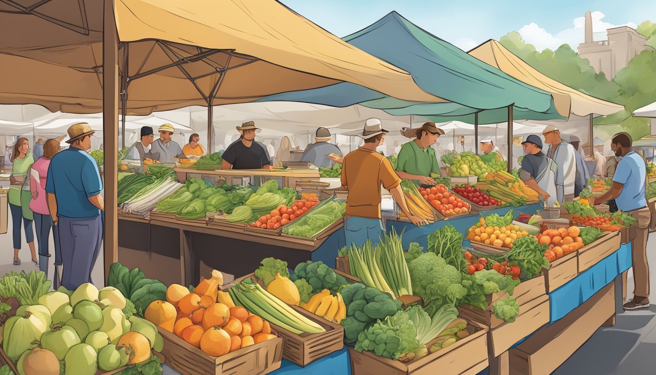 A bustling farmer's market with colorful stalls offering fresh fruits, vegetables, and whole foods. Nearby, a vibrant salad bar and smoothie stand attract health-conscious customers