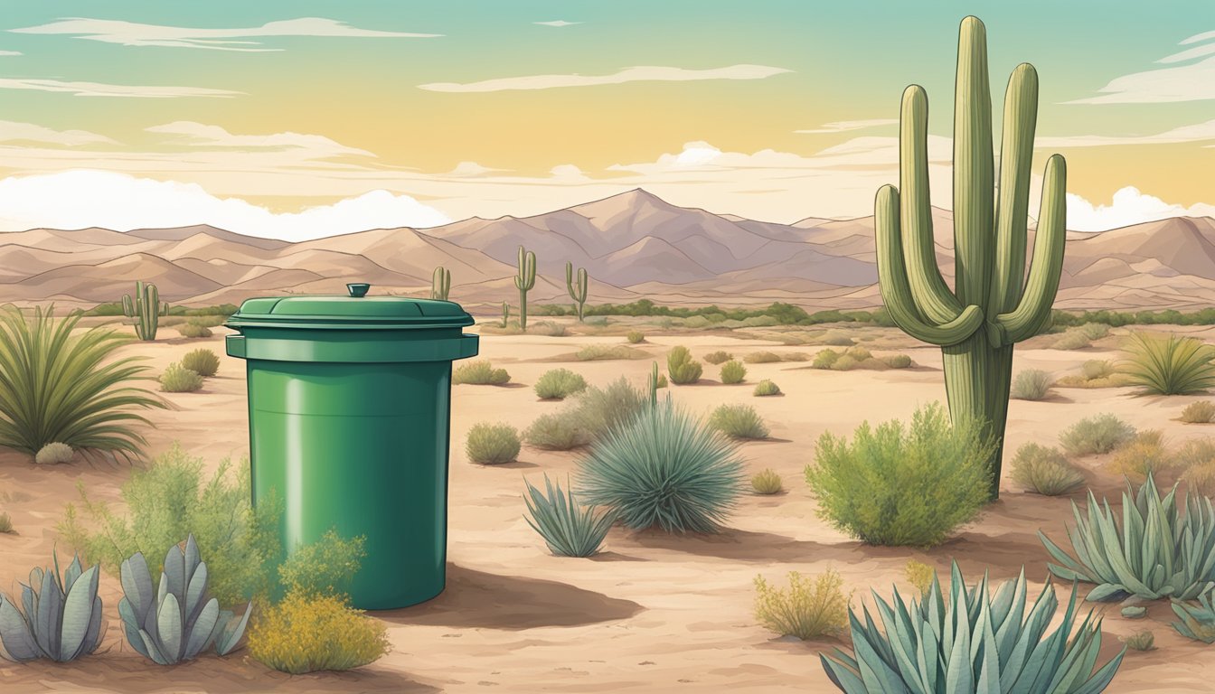 A desert landscape with a compost bin surrounded by drought-resistant plants under the hot sun in Chandler, AZ