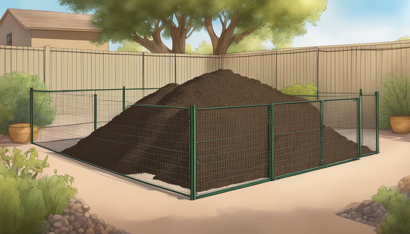 A backyard compost pile with a mix of green and brown materials, surrounded by a wire mesh enclosure under the sunny sky in Buckeye, AZ