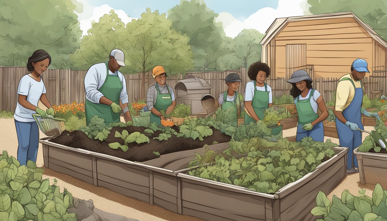 A diverse group of people working together to compost in a community garden in Little Rock, Arkansas