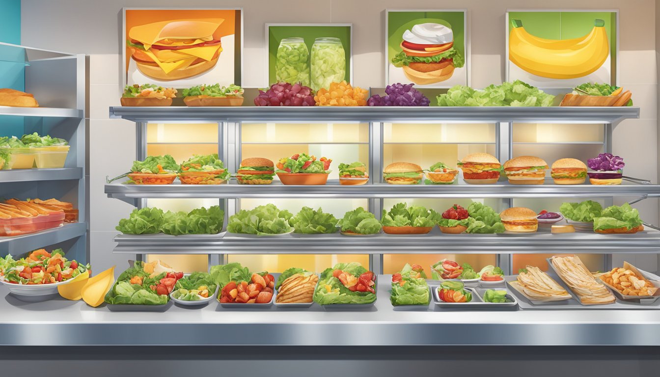 A colorful display of fresh salads, grilled chicken sandwiches, and fruit cups at a modern Wendy's restaurant