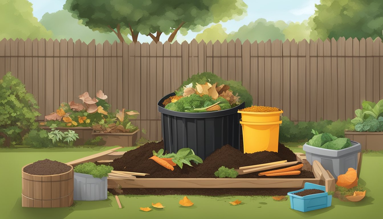 A backyard compost bin with a variety of organic materials being added, including food scraps, yard waste, and shredded paper