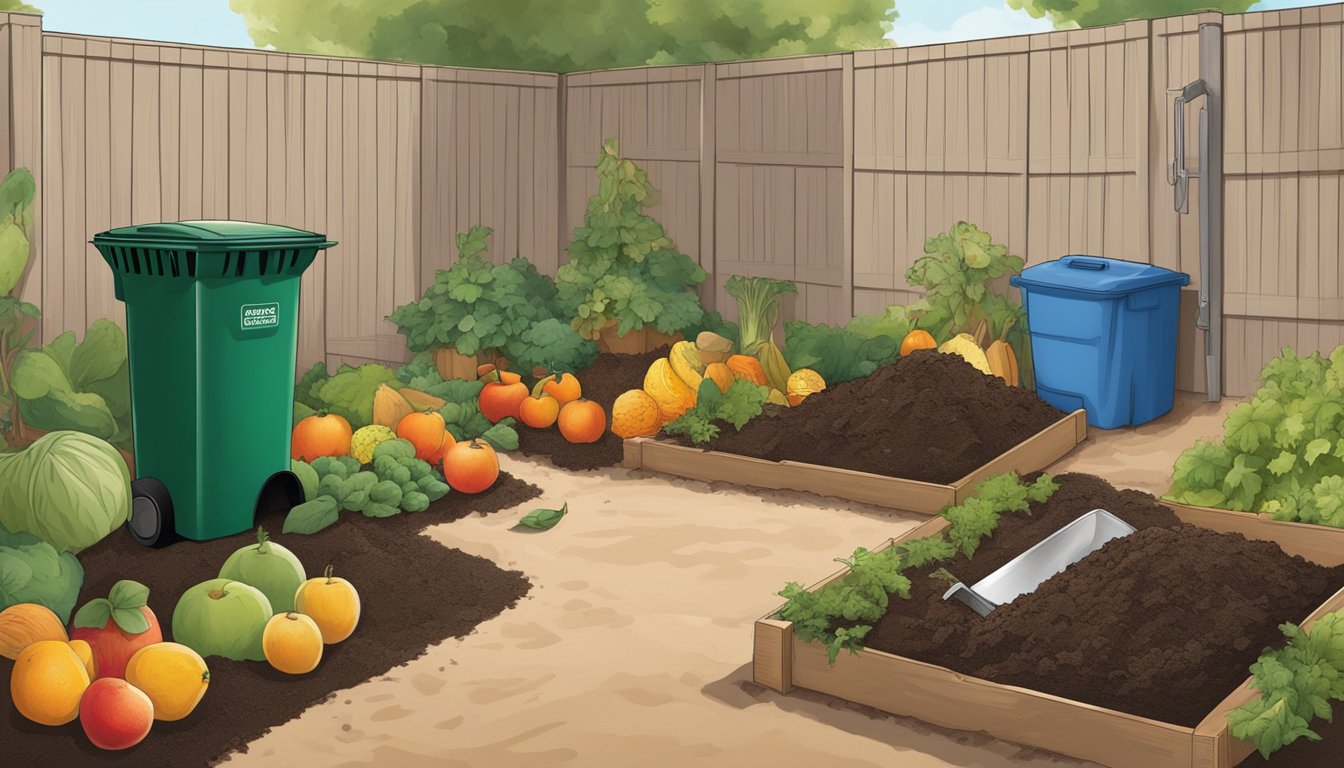 A backyard in Buckeye, AZ with a compost bin surrounded by fruit and vegetable scraps, leaves, and soil. A shovel and the "Finished Compost" guide are nearby