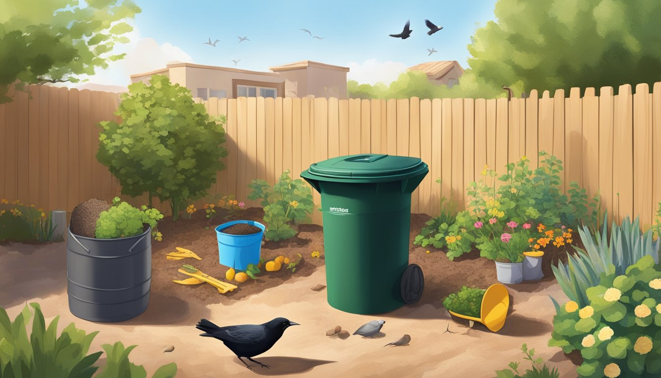 A backyard in Buckeye, Arizona with a compost bin, garden tools, and various organic materials scattered around. The sun is shining and a few birds are perched nearby